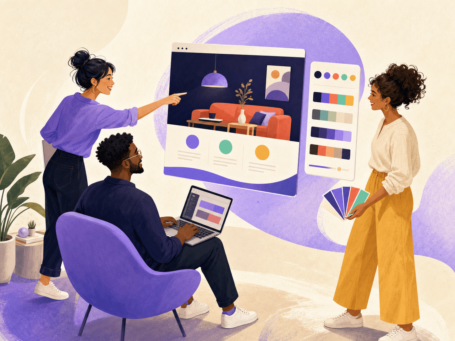 A designer, developer, and founder collaborating around a live website palette preview
