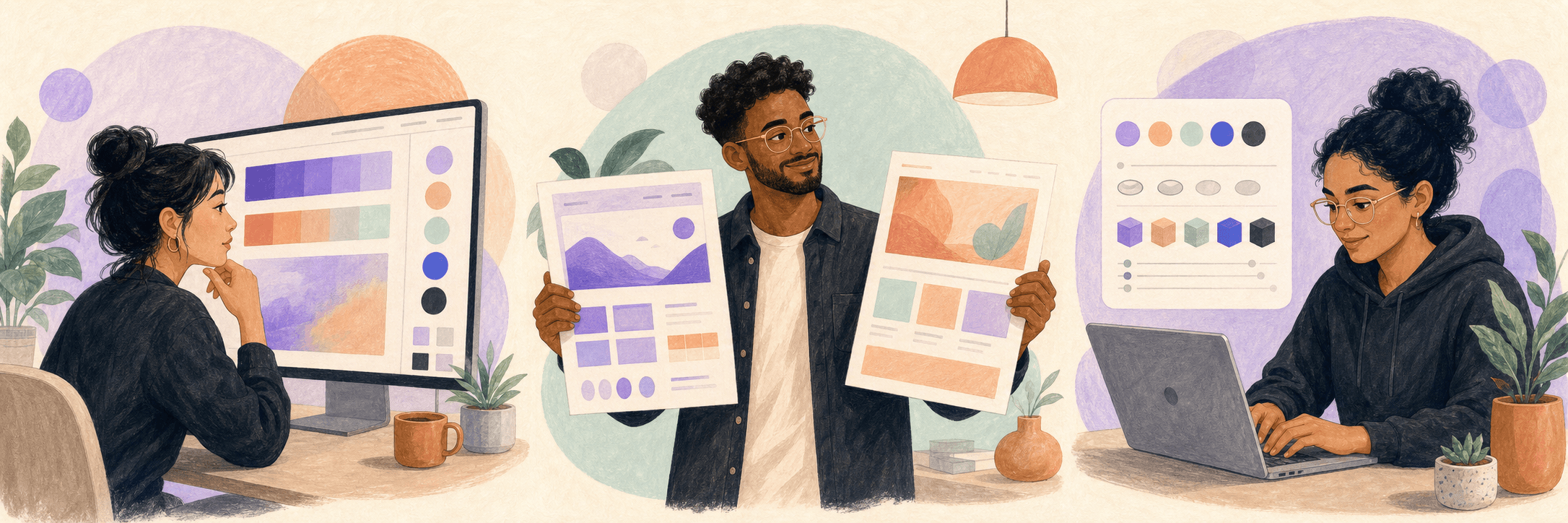 Illustration of a designer reviewing a color system on screen